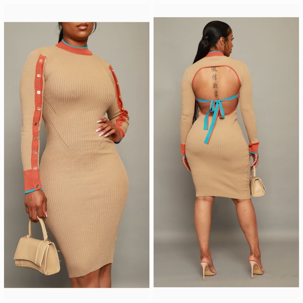 SwankAPosh Switch Sides Open Back Midi Dress - Taupe